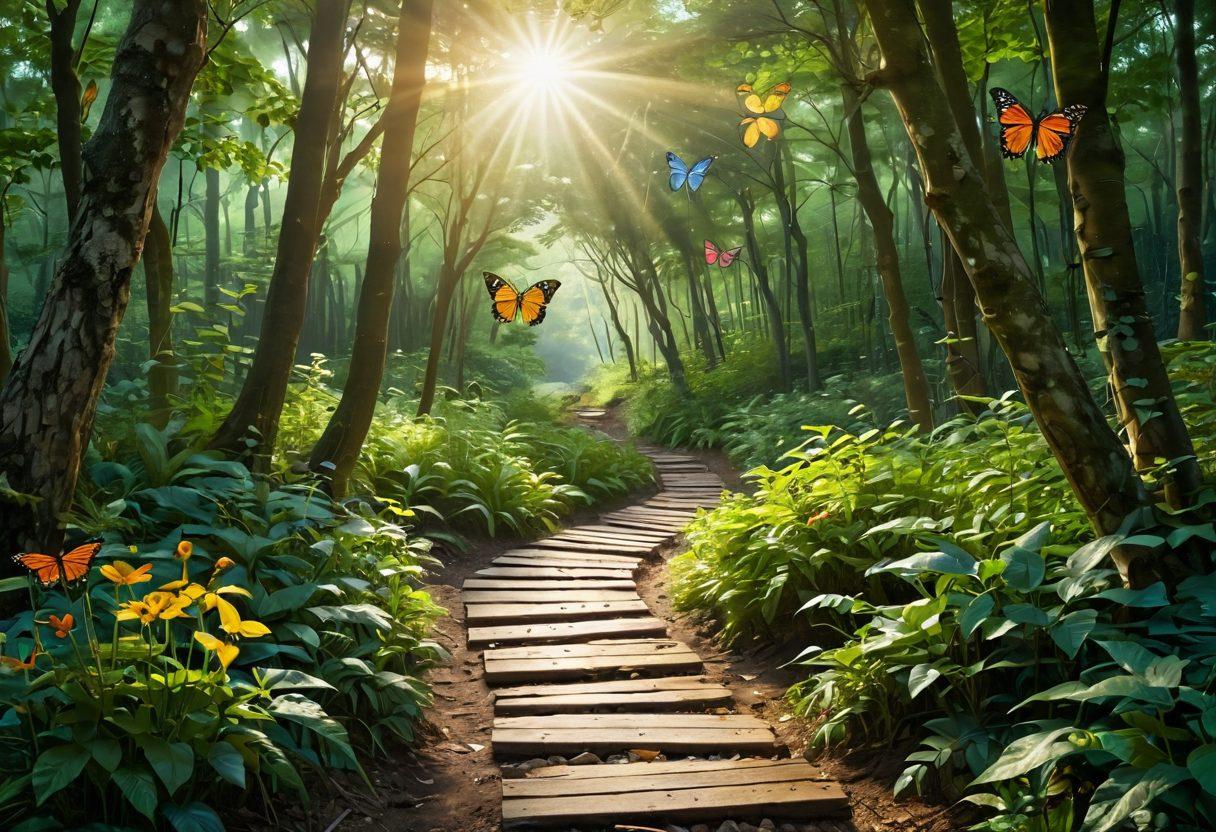 A serene landscape depicting a path leading through a lush forest, symbolizing the journey of cancer care. Along the path, various signposts show milestones such as 'Diagnosis', 'Treatment', 'Support', and 'Survivorship'. In the background, a radiant sun symbolizes hope and healing, while butterflies flutter around, representing transformation and resilience. The scene evokes a sense of tranquility and positivity. vibrant colors. super-realistic.