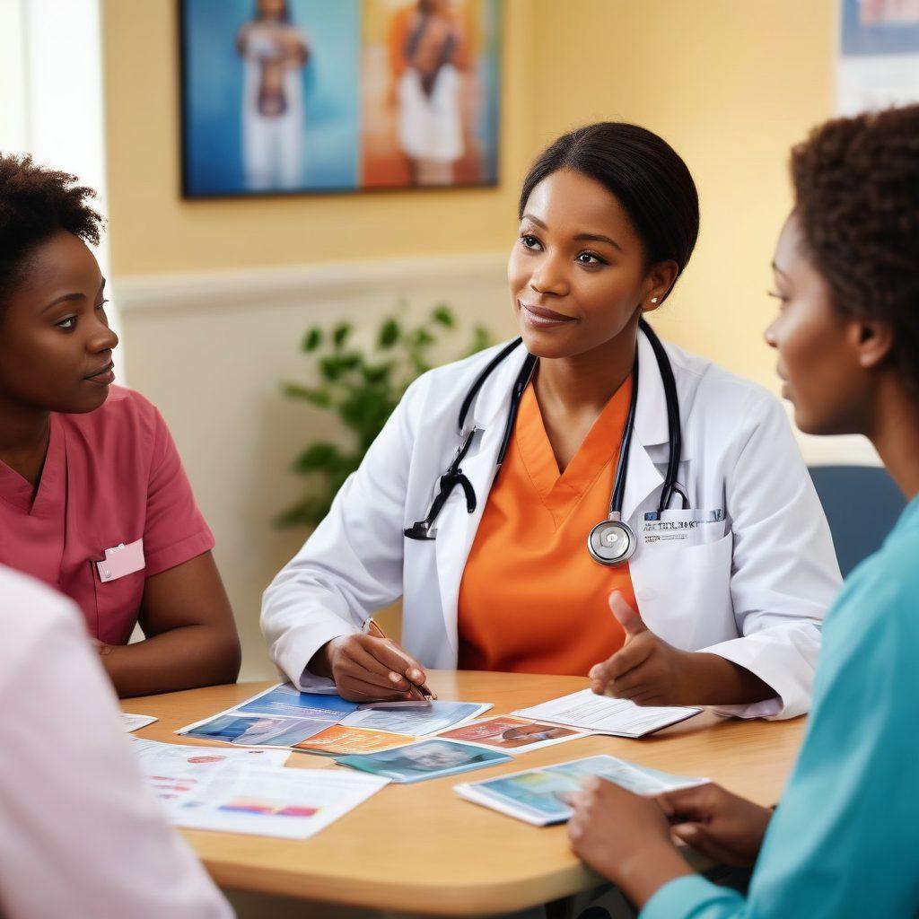 A caring healthcare professional discussing treatment options with a diverse group of patients, surrounded by supportive resources like informational brochures and digital tablets. In the background, imagery of a hopeful survivor journey, symbolizing resilience and support networks, incorporating warm colors to evoke trust and compassion. super-realistic. vibrant colors. soft-focus background.