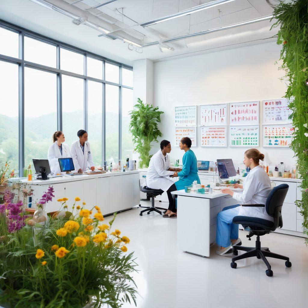A vibrant scene depicting a diverse group of medical researchers and alternative health practitioners collaborating in a contemporary lab setting, surrounded by high-tech equipment, herbs, and holistic therapy tools. In the background, a glass wall showcasing a view of innovative cancer treatment tools and trial data charts. Bright colors symbolize hope and innovation, with elements representing both conventional and alternative medicine merging seamlessly. super-realistic. vibrant colors. white background.